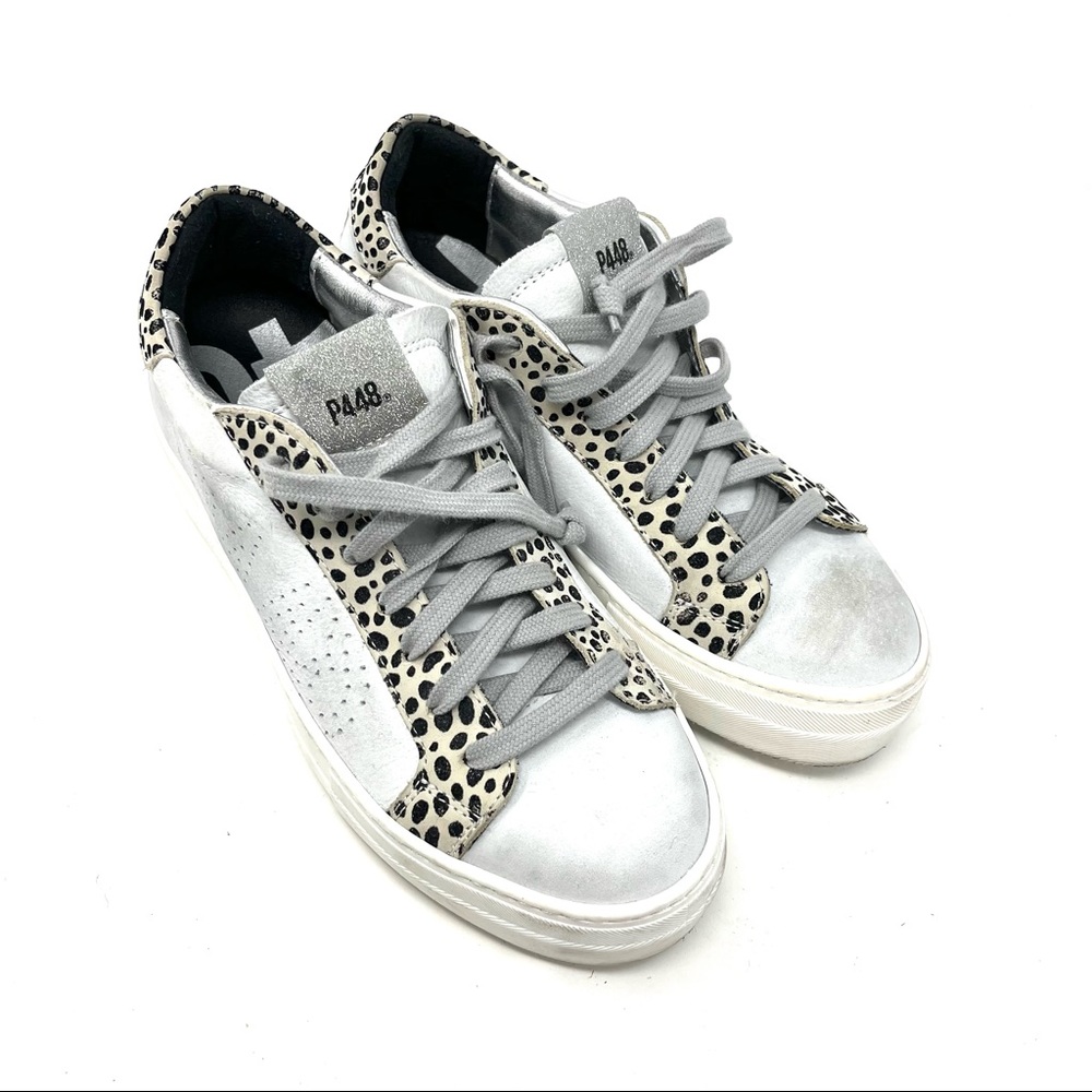 P448 Thea Platform Sneaker White Leather Leopard 38 7.5